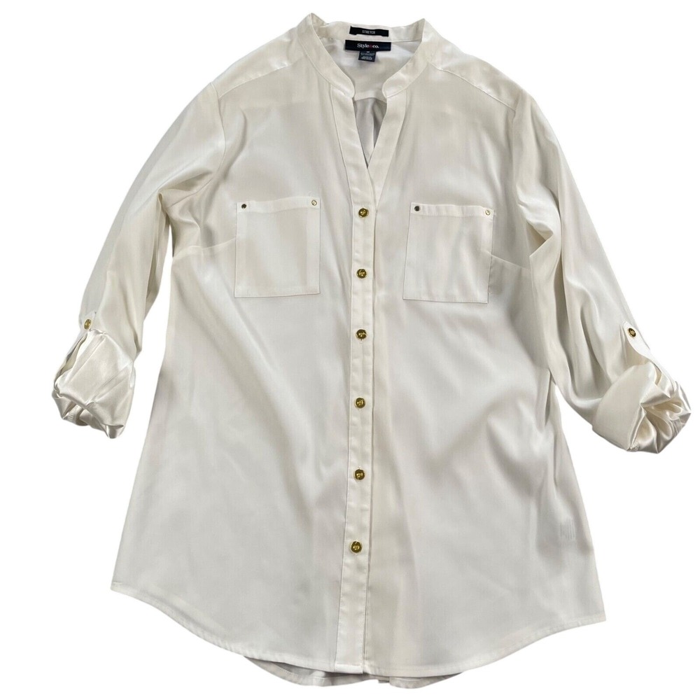 Styleโ & Co Blouse Medium White Gold Button Detail Satin Lined Roll Tab Sleeve